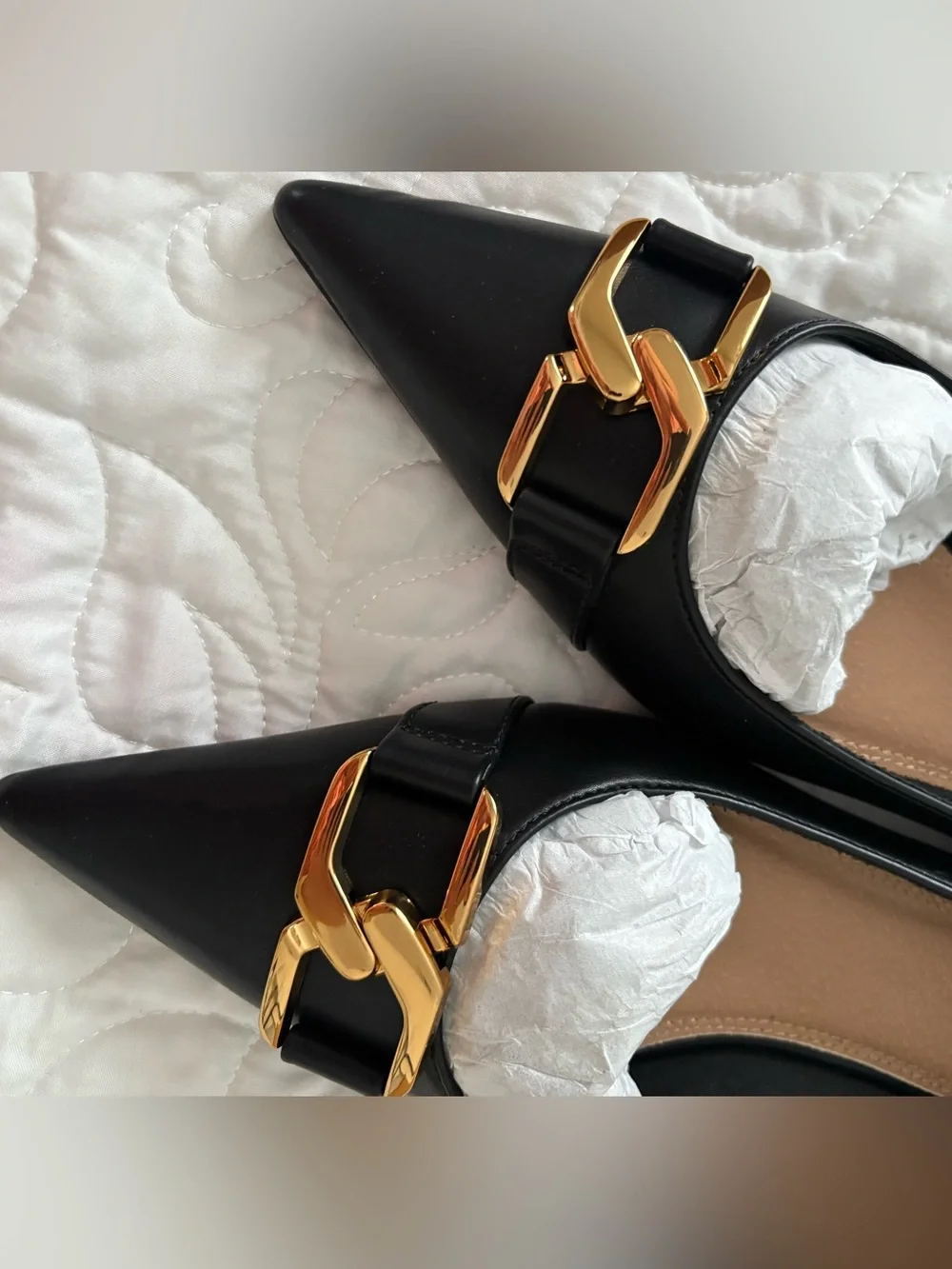 BOG Collective Black Pointed Toe Flats with Gold Buckle